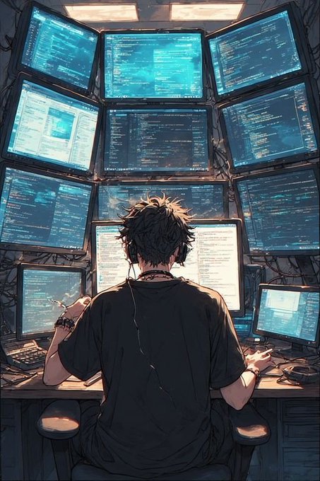 An anime-style illustration shows a programmer from behind, seated at a desk surrounded by a massive curved wall of glowing monitors filled with lines of code and data. The image visually reinforces the post's message about maritime data integrity—symbolizing the complex digital infrastructure required to ensure that real-world assets like ships can be trusted and accurately represented in on-chain systems.