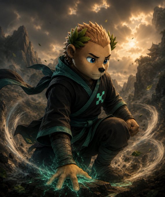 A digital illustration depicts a small anthropomorphic dog-like character with human eyes, wearing a leaf crown and dark robes, kneeling while channeling glowing green energy from its hand against a dramatic cloudy sky.