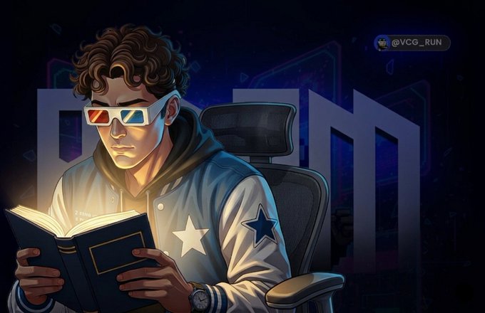 A digital anime-style illustration by @VCG_RUN shows a young man with curly brown hair wearing colorful 3D glasses and a varsity jacket, reading a glowing book while seated in a gaming chair.