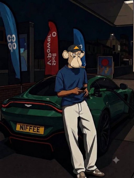 A digital illustration of a Bored Ape NFT character wearing a blue shirt, white pants, and cap, standing next to a green sports car with a 'NIFFEE' license plate and a Lamborghini logo.