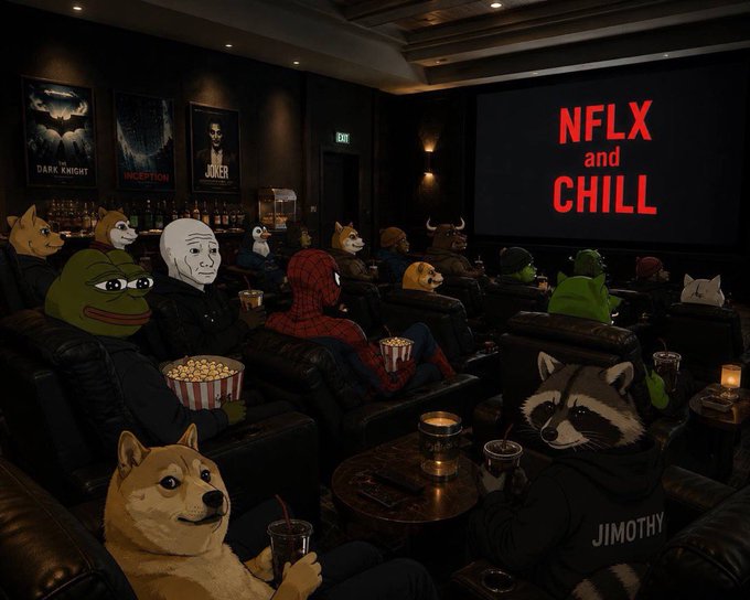 AI-generated meme image depicting various pop culture and internet characters (Shrek, Pepe, Doge, Spider-Man, raccoons, etc.) sitting in a movie theater watching a screen that reads 'NFLX and CHILL'.