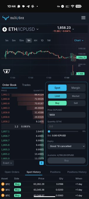 A mobile screenshot of the Multi/Dex interface on the Internet Computer (ICP) shows the ETH/ICPUSD trading pair at a price of 1,959.23, with an order book, spot/margin trading options, and a spot history of BTC buy orders. This visual demonstrates how Multi/Dex delivers a CeFi-level trading experience directly through a phone browser, supporting the post's claim of 100% decentralized, autonomous onchain DeFi on ICP without requiring app installations.