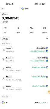 A mobile wallet app screenshot showing an ETH balance of 0.0048945 ($12.07) with a transaction history listing various Send and Receive activities with timestamps around 2026-09-01.