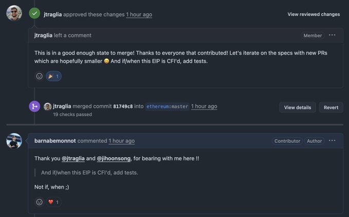 A GitHub pull request conversation showing jtraglia approving and merging commit 81749c8 into ethereum:master, with comments about EIP CFF1d testing.