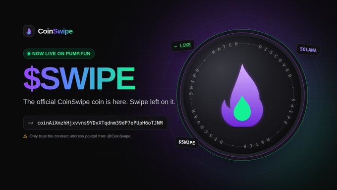 A promotional graphic for CoinSwipe features the text '$SWIPE NOW LIVE ON PUMPFUN' with a Solana contract address and a purple flame logo.