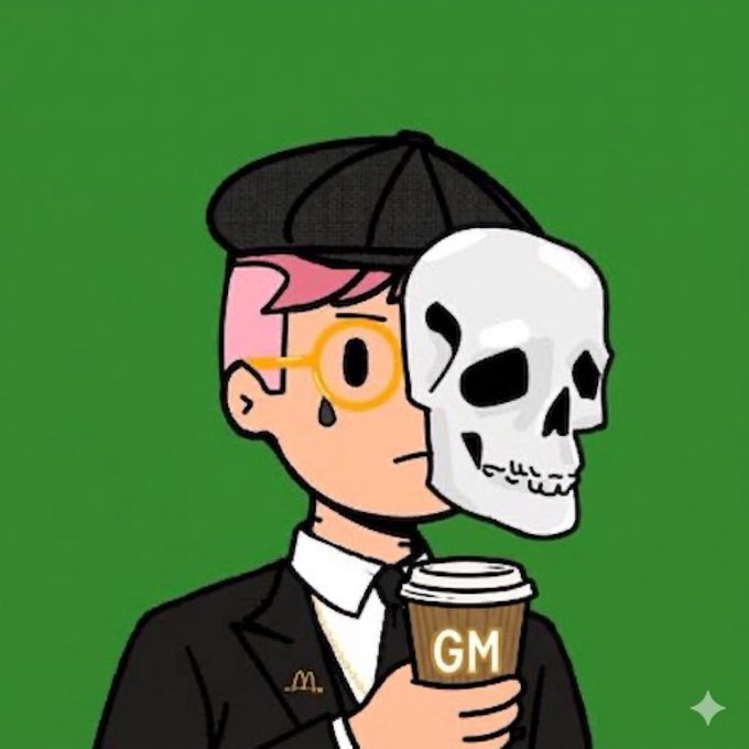A cartoon illustration of a person with pink hair wearing a black cap, monocle, and McDonald's uniform, crying while holding a skull mask and a coffee cup labeled "GM" against a green background.