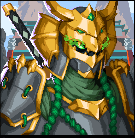 A pixel art illustration depicts a dragon-like character wearing golden armor with green accents and an eyemask.