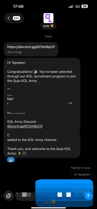 A screenshot of a chat from Quip (@quip) showing an invitation to join the Quip KOL recruitment program, congratulating the user ("Tajudeen") and sharing the Discord link (discord.gg/623m9pCtf), matching the post celebrating being selected as a KOL for @quipgg.