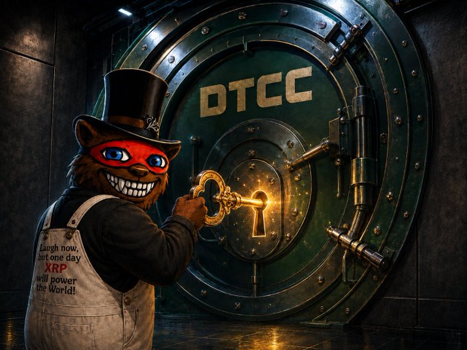 An anthropomorphic cat character in a top hat, red mask, and apron that reads 'Laugh now, but one day XRP will power the World!' inserts a glowing gold key into a massive green vault labeled 'DTCC'.