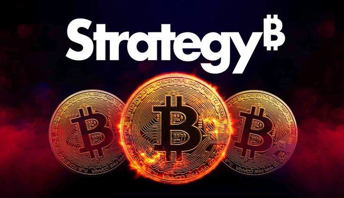 The image features the "Strategy" logo alongside three glowing Bitcoin coins against a dark background with red smoke effects, visually representing Strategy (formerly MicroStrategy, ticker $MSTR) as a major institutional Bitcoin ($BTC) holder—aligning with the post about the company's surprising $5 billion Bitcoin sale plan announcement.