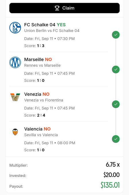 A sports betting claim screen showing four successful bets (FC Schalke 04, Marseille, Venezia, Valencia) with a 6.75x multiplier, $20.00 invested, and $135.01 payout.