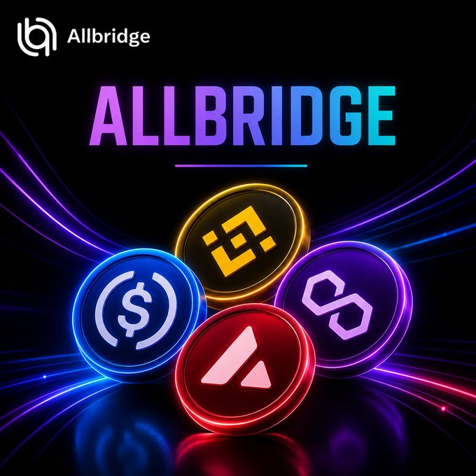 An Allbridge promotional graphic displaying the brand name "ALLBRIDGE" above colorful 3D cryptocurrency coins (USDC, BNB, AVAX, and Polygon).