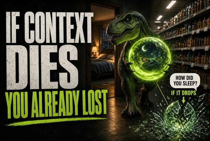 A meme featuring a dinosaur holding a glowing crystal ball, with text 'IF CONTEXT DIES YOU ALREADY LOST' and a speech bubble saying 'HOW DID YOU SLEEP? IF IT DROPS'.