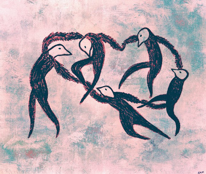 Stylized artwork depicting elongated, dark bird-like figures with small white heads arranged in a circular formation against a textured pink and blue background.