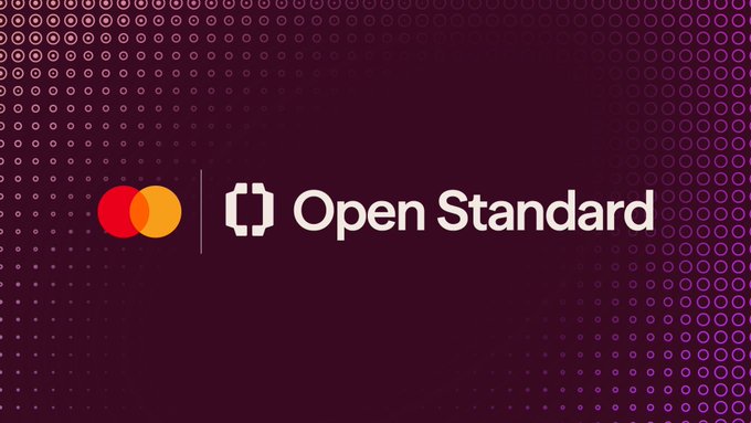 The Mastercard logo alongside the 'Open Standard' text on a dark maroon background with a dotted pattern.
