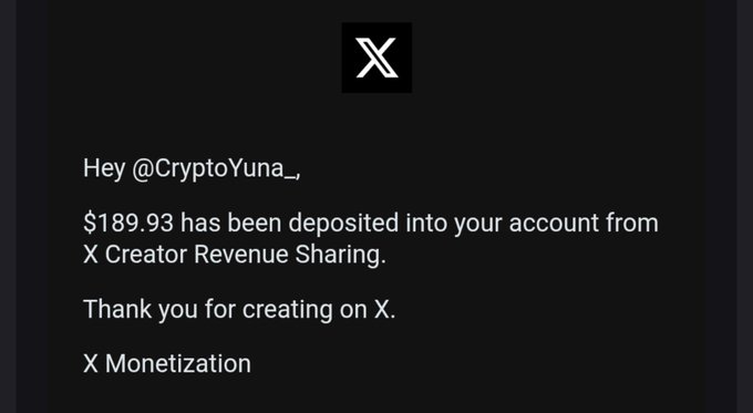 An X (Twitter) monetization notification informing @CryptoYuna_ that $189.93 has been deposited from X Creator Revenue Sharing.