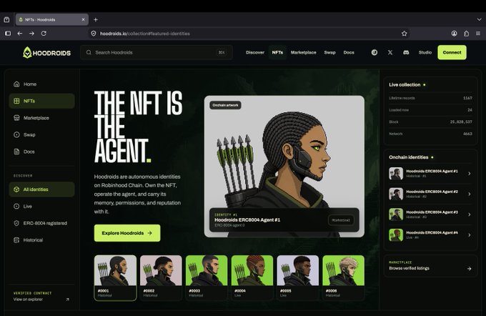 A screenshot of the Hoodroids NFT website featuring the tagline "THE NFT IS THE AGENT" and displaying ERC8004 agent identity characters.