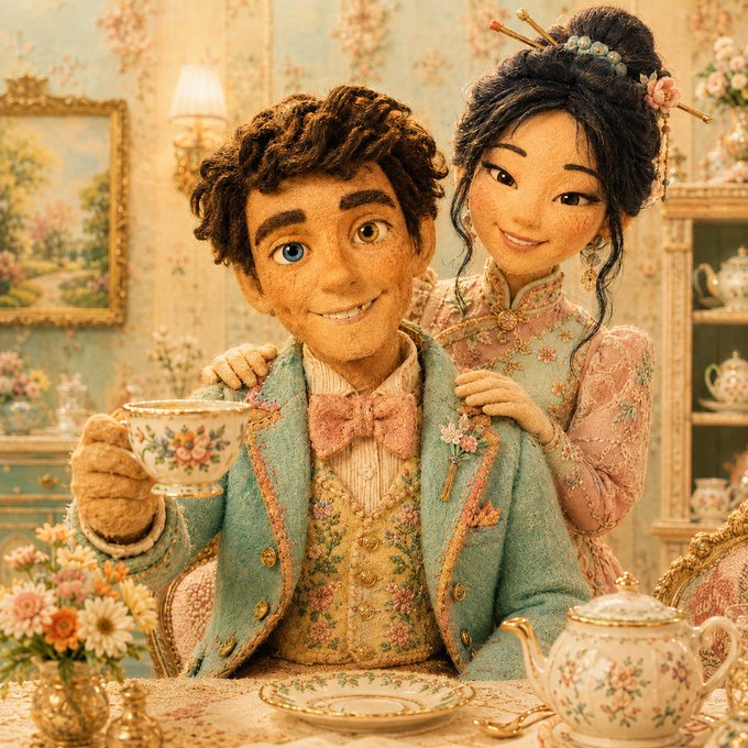 A whimsical illustration in a textured, storybook art style depicting a smiling young man in a teal coat with a pink bow tie holding a floral teacup, while a young woman in a pink floral dress stands behind him with her arm around his shoulder, in a vintage floral-decorated room with a teapot on the table.