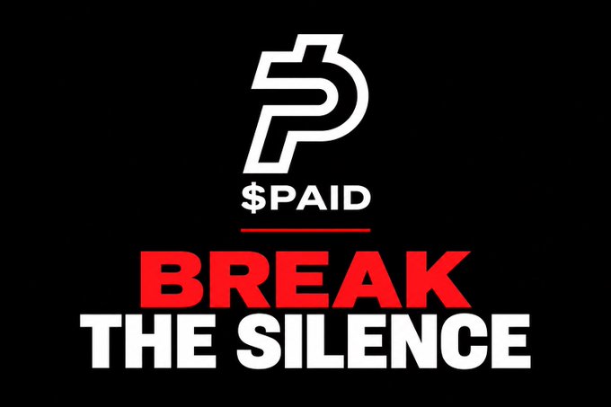 A "$PAID Break The Silence" graphic on a black background, with a stylized "P" logo above the text, calling for transparency regarding the @XMoney situation and the losses suffered by $PAID investors.