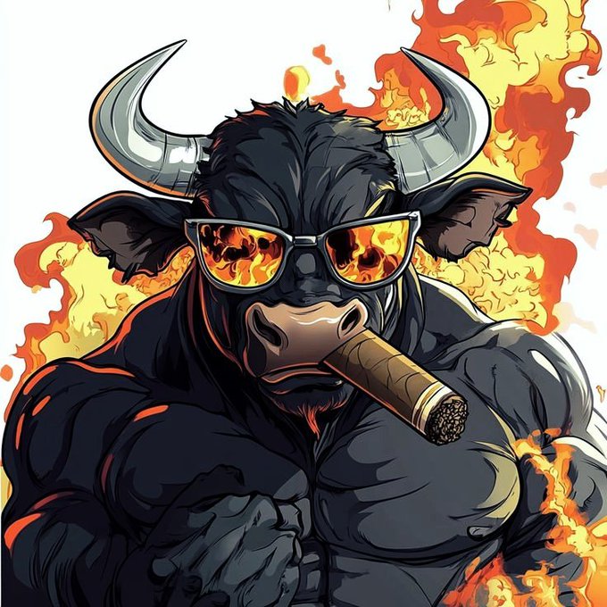 A stylized illustration of a muscular black bull with large horns, wearing reflective flame-patterned sunglasses and smoking a cigar, set against a background of raging fire.