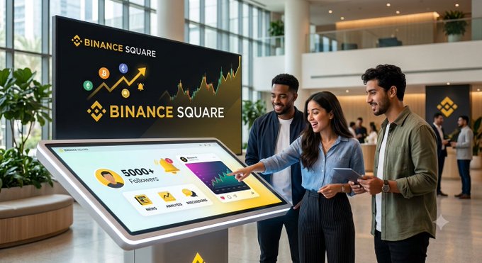 A group of people interact with a Binance Square kiosk displaying "BINANCE SQUARE" branding, a "5000+ Followers" stat, and trending crypto chart graphics, illustrating the post's point that Binance is a broader social and educational ecosystem—not just a trading platform.