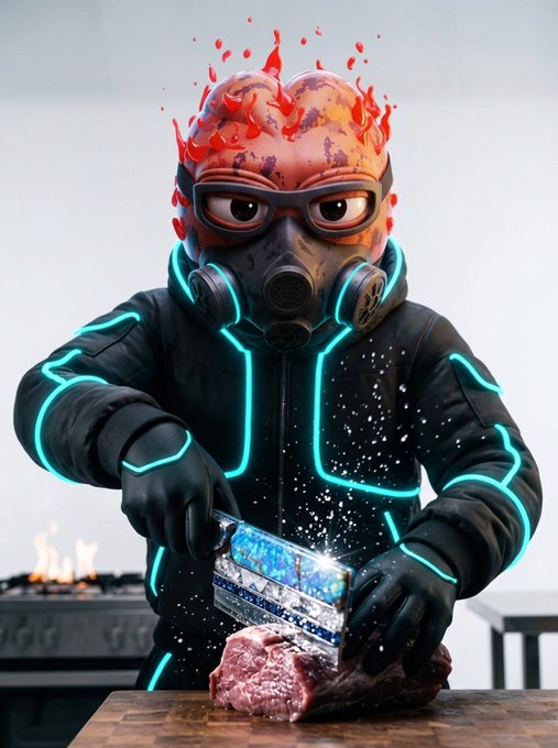 A stylized 3D character with a glowing, lava-like head and a gas mask, wearing a black jacket with neon blue light strips, cutting into a piece of meat with a large knife.