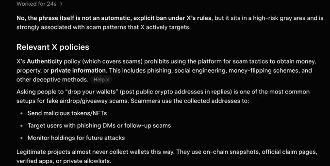 Grok's response explaining that "drop your wallets" isn't explicitly banned on X but falls in a high-risk gray area linked to scam tactics like phishing, token airdrops, and targeting users.