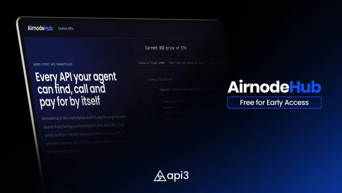 An advertisement for AirnodeHub by API3 showing a laptop interface with text 'Every API your agent can find, call and pay for by itself' and a 'Free for Early Access' button.