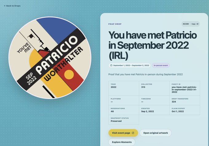 A digital collectible page showing a 'POAP DROP' titled 'You have met Patricio in September 2022 (IRL)' with a circular artwork featuring 'YOU'VE MET PATRICIO WORTHALTER' and 'SEP 2022'.