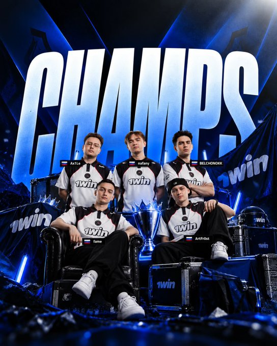 Five members of the 1win esports team pose with a championship trophy under large 'CHAMPS' lettering, with visible player tags 'AxLe', 'nafany', 'BELCHONOKK', 'fame', and 'ArtFr0st'.