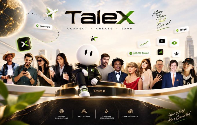Promotional image for 'TaleX' with the tagline 'CONNECT, CREATE, EARN' and 'More Than Just Social', featuring a diverse group of people around a white mascot character, with icons for New York and Tokyo locations and '$25,763 Tipped'.