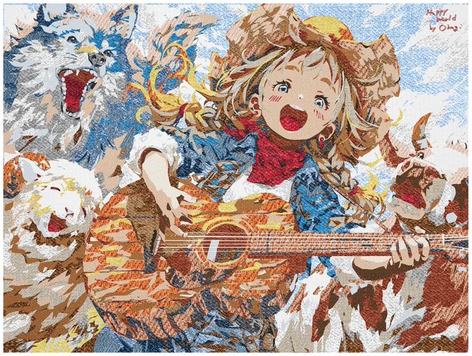 A cross-stitch artwork depicting an anime-style girl with blonde hair playing a guitar, surrounded by roaring tigers, signed 'MARILYN BOW 24' in the upper right.