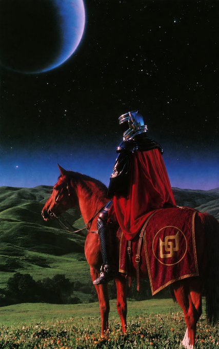 A fantastical illustration depicts a knight in dark armor with a red cape riding a red horse at night, with a large planet visible in the starry sky above green hills.