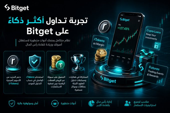 An Arabic-language advertisement for the Bitget crypto trading platform, highlighting features like rTokens, security, and crypto loans.