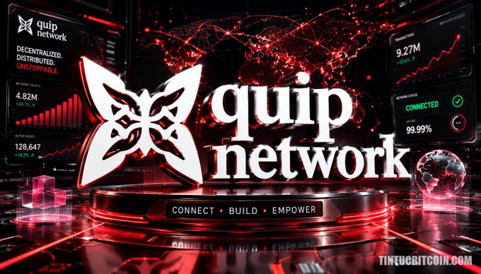 A promotional graphic for 'quip network' featuring a butterfly logo with the tagline 'Decentralized. Distributed. Unstoppable.' and 'Connect • Build • Empower', alongside network stats showing 4.82M network users and 128,647 active nodes.
