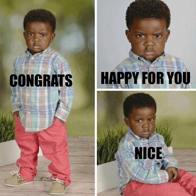 A meme collage featuring the popular "Angry Black Kid" template in three panels showing a young child in a plaid shirt and pink pants with the captions "CONGRATS," "HAPPY FOR YOU," and "NICE." The deadpan, unenthusiastic expressions on the child contrast with the congratulatory text, creating a sarcastic tone that fits the informal "Sent from my Pumpfun App" caption—a playful jab typically used in crypto trading communities to feign excitement while actually offering backhanded congratulations.