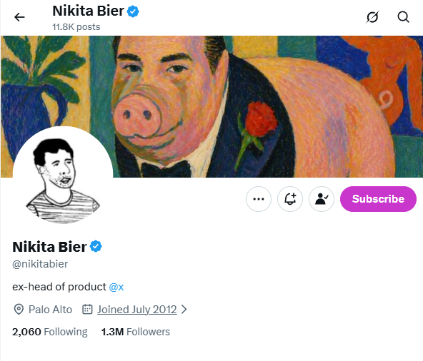 This is Nikita Bier's profile on X, formerly Twitter, showing his username, 1.3 million followers, and his role as ex-head of product at X. The image highlights the irony of a crypto bull run starting just after Bier, who has 1.3M followers, claimed crypto was the worst topic on the app and stepped down.