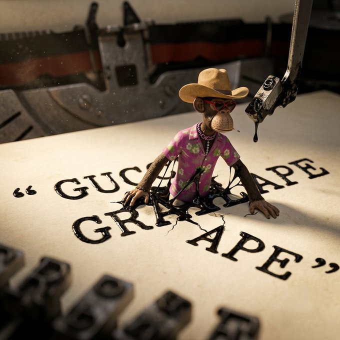 A stylized monkey figurine in a cowboy hat and Hawaiian shirt types on a vintage typewriter, with the typed text reading "GUC... GRAPE APE".
