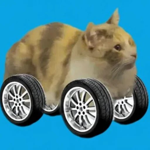 A digital collage shows an orange tabby cat photoshopped with four silver car wheels as legs against a bright blue background. The image humorously visualizes the post's joke about needing a "catalyst" (or "cto") to drive the coin's price higher, with the wheeled cat representing the meme's anticipation of the crypto trading upward.