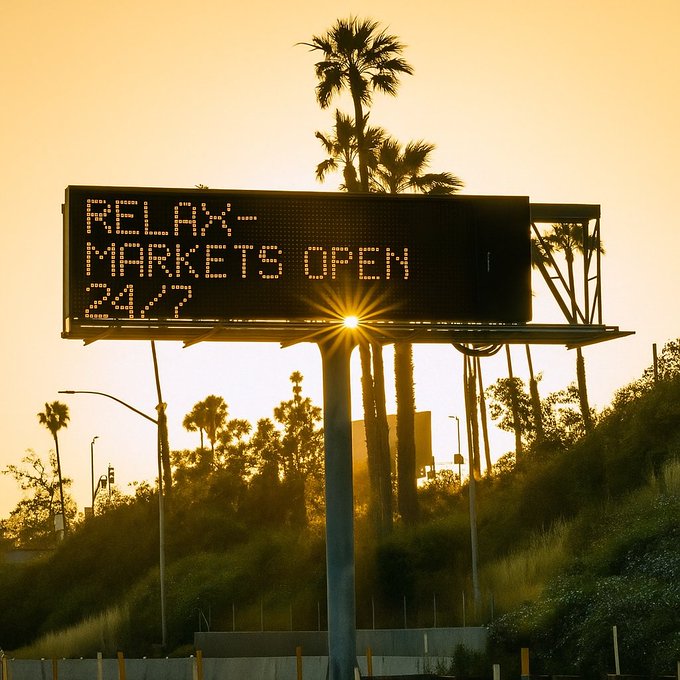 An illuminated highway sign reads "RELAX- MARKETS OPEN 24/7" silhouetted against a golden sunset, with palm trees and the sun's rays peeking from behind. The message cleverly reinforces the post's reminder that rest is part of the strategy—since the markets never sleep, taking time to recharge is just as essential as staying alert.