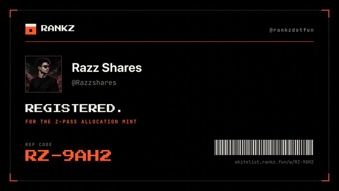 A digital registration card for 'RANKZ' showing the user 'Razz Shares (@Razzshares)' with the text 'REGISTERED. FOR THE Z-PASS ALLOCATION MINT' and a reference code 'RZ-9AH2'.