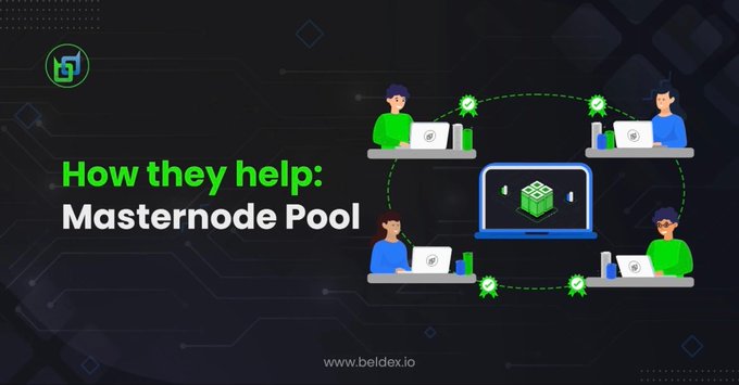 An infographic titled "How they help: Masternode Pool" from beldex.io showing illustrated characters connected around a central computer with a stack of money.