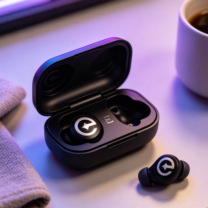 A pair of black wireless earbuds rests in their open charging case beside a coffee mug and a folded cloth, styled with purple ambient lighting as a relaxed giveaway visual for the Echobit Exchange airdrop campaign.