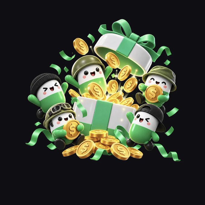 A 3D illustration of cute green pill-shaped characters wearing military helmets and beanies, popping out of a gift box surrounded by gold coins with dollar signs and green ribbons.