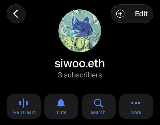 A mobile screenshot shows a profile page for "siwoo.eth" with 3 subscribers, featuring a cartoon avatar of a dark blue cat breaking through glass alongside a small green creature. The image appears to be the giveaway poster's evidence of engagement, as the post solicits followers and wallet addresses for a $15 Solana giveaway.