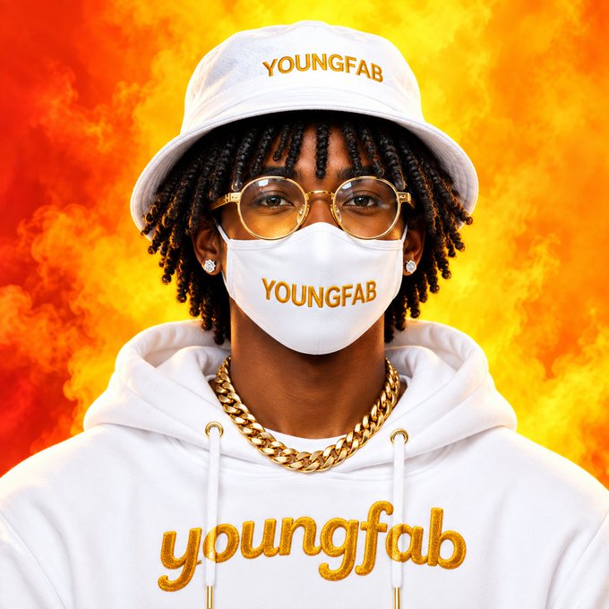 A promotional-style portrait of a person wearing a white 'YOUNGFAB' bucket hat, matching face mask, and hoodie with gold 'youngfab' text, accessorized with gold-rimmed glasses and a thick gold chain, set against a fiery orange background.