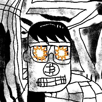 A black and white illustration of a stylized face with orange sun-shaped glasses featuring a $ symbol on the mouth, set against an abstract patterned background.