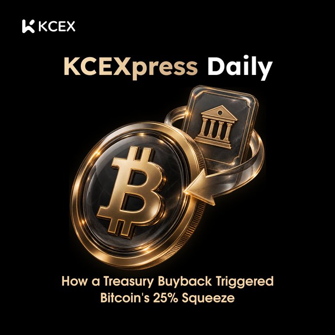The image is a promotional graphic for "KCExpress Daily" by KCEX, featuring a gold Bitcoin coin and a classical treasury building icon against a black background, with the headline "How a Treasury Buyback Triggered Bitcoin's 25% Squeeze." This visual ties directly to the post's narrative by illustrating the connection between U.S. Treasury bond buyback operations and BTC's sharp rally to $79,000.