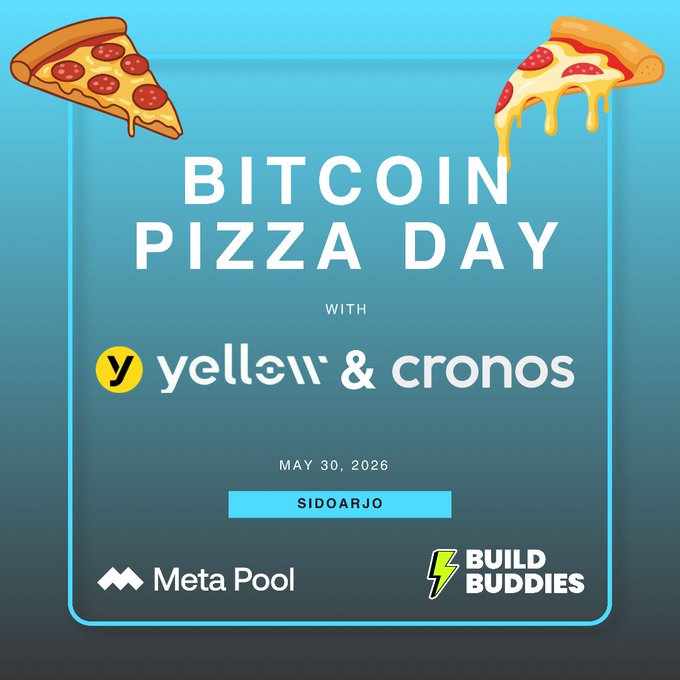 The image features a poster for Bitcoin Pizza Day, which is scheduled for May 30th at 2:30 pm. The poster includes two slices of pizza with pepperoni toppings, one slice from each of the three pizza places listed below. The text on the poster reads "Bitcoin Pizza Day" and "with Yellow & Cronos".