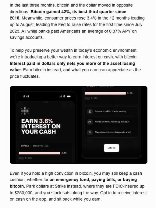 A screenshot of a financial article discussing Bitcoin's 42% quarterly gain, alongside an app screenshot advertising 'EARN 3.6% INTEREST ON YOUR CASH' through Strike, comparing it to an industry average of 0.37%.